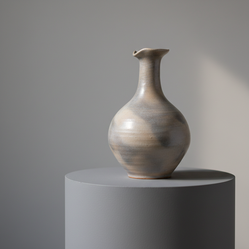 A close-up shot of a unique, hand-thrown ceramic vase with a satin matte glaze in pale stone and smoke gray, positioned on a seamless matte-gray pedestal. The background fades gently with a subtle gradient, keeping the focus on the exquisite surface textures and minimalist form. Soft, indirect side lighting brushes the vase, highlighting gentle curves and creating elegant, subdued shadows. The atmosphere is intimate and refined. The composition uses shallow depth of field and slightly off-center framing, channeling the minimalist, artistic philosophy behind VÉRI’s curated collection of art objects.