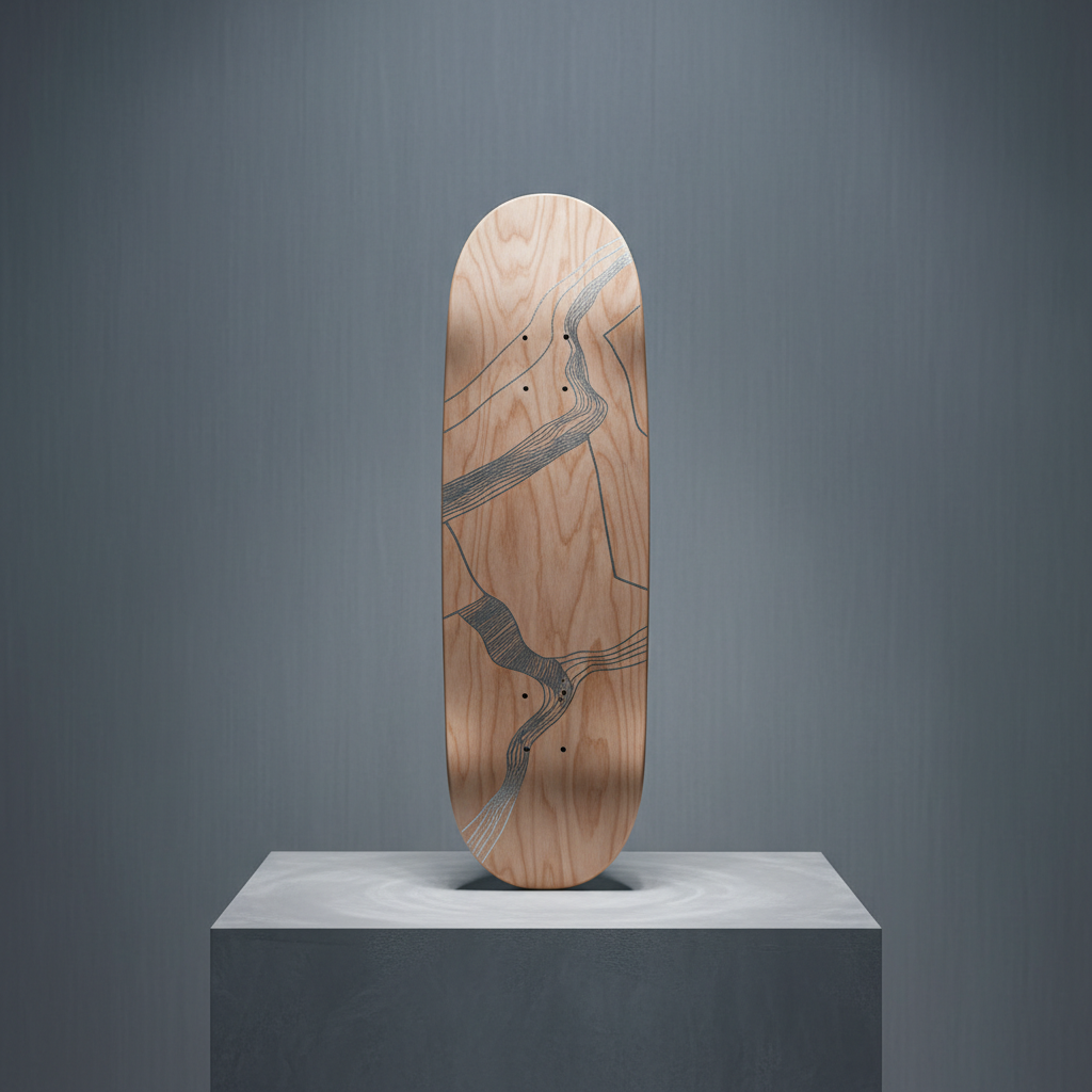 An intricately designed skateboard deck crafted from polished maple wood with a matte finish and subtle hand-etched abstract patterns in muted charcoal and silver tones. The board is elegantly displayed upright on a brushed concrete plinth against a softly textured gray wall. Overhead diffused gallery lighting bathes the scene, creating gentle gradients and refined shadows that emphasize the board's artistry and craftsmanship. The atmosphere is sophisticated and contemplative, perfectly suited for appreciating fine art. Captured at eye-level with precise, minimalist composition and sharp focus, the image radiates photographic realism and understated luxury, aligning with the refined style of a high-concept art and clothing store.